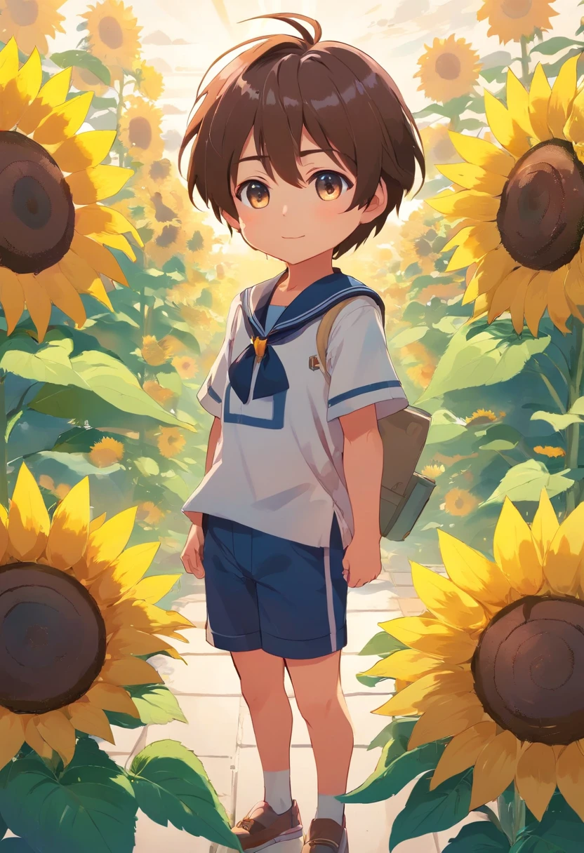 boy, chibi, giant sunflower, big flower, tiny person, sailor outfit, adorable, cute
