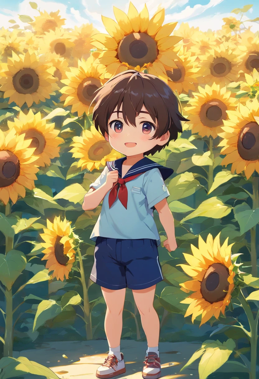 boy, chibi, giant sunflower, big flower, tiny person, sailor outfit, adorable, cute