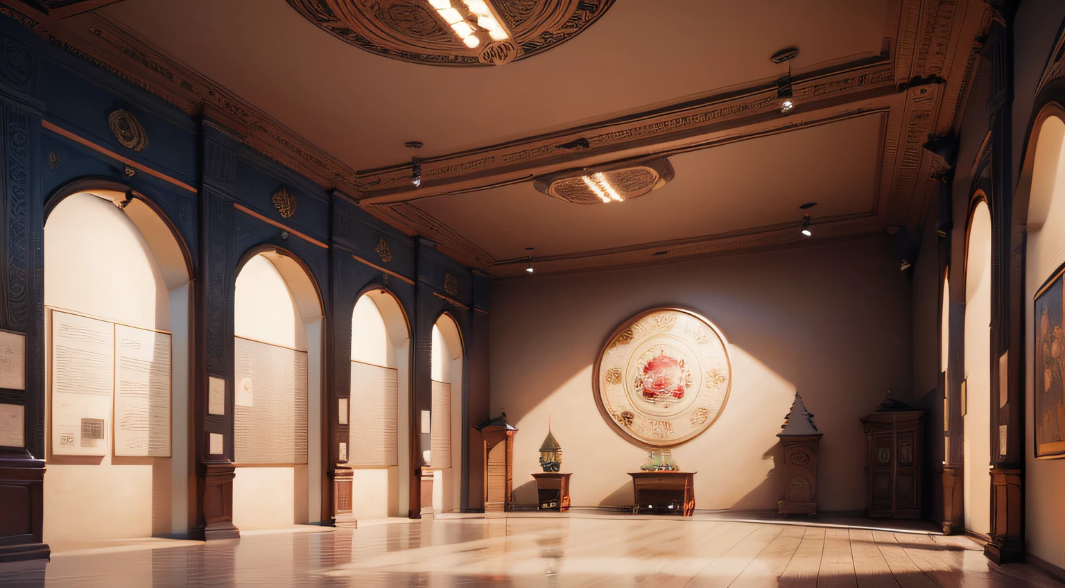 Exhibition hall of the Museum of Cultural Relics,The exhibition hall is equipped with various cultural relics,On the wall are the introduction materials for the artifacts,The environment is dim,There are white spotlights,Beveled side shooting,45 degree angle,high qulity,high detal,High precision,8K