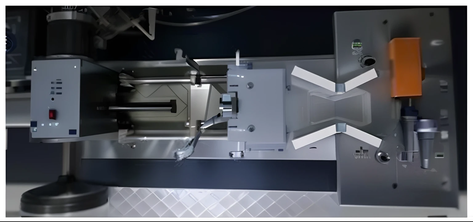 Draw a schematic diagram，three dimensional，Machine close-up，There is a machine on it, top - view, Top view, handling laboratory equipment, science equipment,, front face symmetrical, center view, high-angle view,  instrument, VTM,  Scientific instruments, Frontal view,