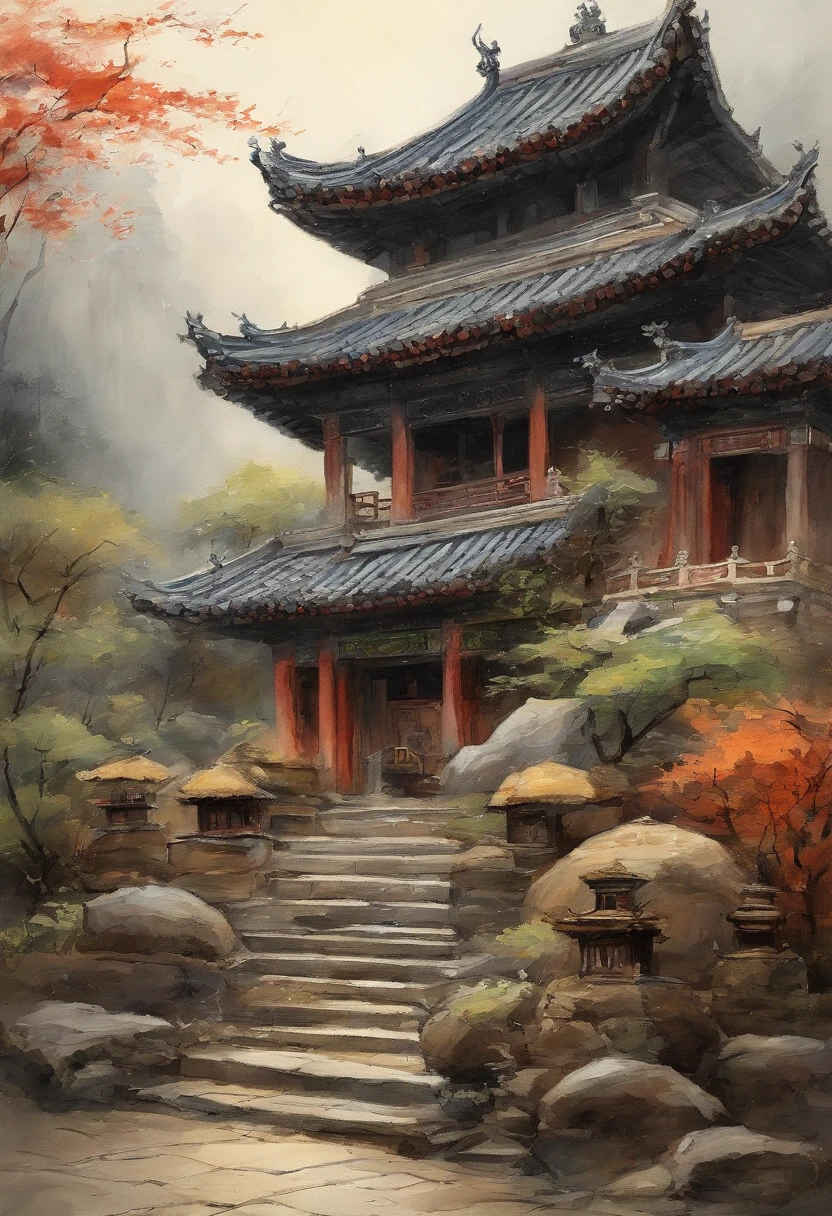 In a quaint Han Dynasty style temple,There are many buildings,The yard is covered with moss,There are many old trees outside the temple,There is a young monk clearing fallen leaves on the steps,It was raining lightly in the sky,no sun