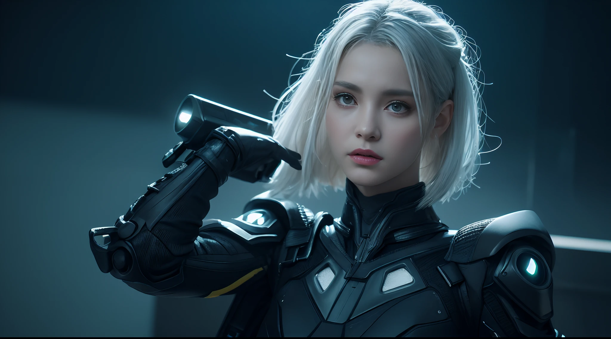 ，From the movie Matrix ，3D,solo， 1girll，battle garment，A young white haired girl from Germany,A beautiful cyberpunk female image,hdr（HighDynamicRange）,Ray traching,NVIDIA RTX,Hyper-Resolution,Unreal 5,Subsurface scattering、PBR Texture、post-proces、Anisotropy Filtering、depth of fields、maximum definition and sharpness、Many-Layer Textures、Albedo e mapas Speculares、Surface coloring、Accurate simulation octane rendering of light-material interactions、Two-colored light、largeaperture、Low ISO、White balance、the rule of thirds、8K raw data、blackstockings，cinematic lighting, ray tracing, reflection light,  UHD, best quality, high quality, award winning, high details, masterpiece, anatomically correct, textured skin，