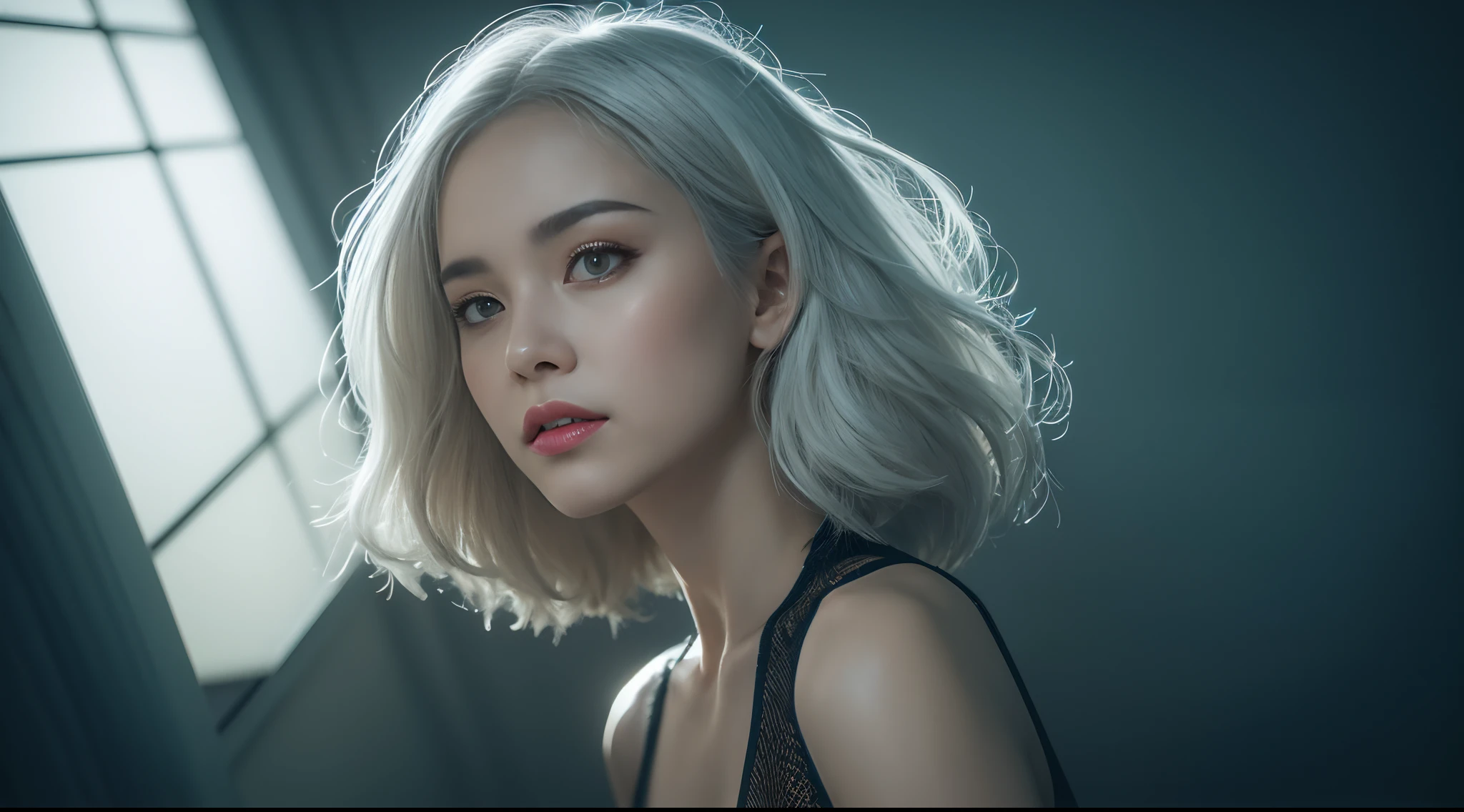 cowboy shot, dutch angle，From the movie Matrix ，3D,solo， A young white haired girl from Germany,A beautiful cyberpunk female image,hdr（HighDynamicRange）,Ray traching,NVIDIA RTX,Hyper-Resolution,Unreal 5,Subsurface scattering、PBR Texture、post-proces、Anisotropy Filtering、depth of fields、maximum definition and sharpness、Many-Layer Textures、Albedo e mapas Speculares、Surface coloring、Accurate simulation octane rendering of light-material interactions、Two-colored light、largeaperture、Low ISO、White balance、the rule of thirds、8K raw data、blackstockings，cinematic lighting, ray tracing, reflection light,  UHD, best quality, high quality, award winning, high details, masterpiece, anatomically correct, textured skin，