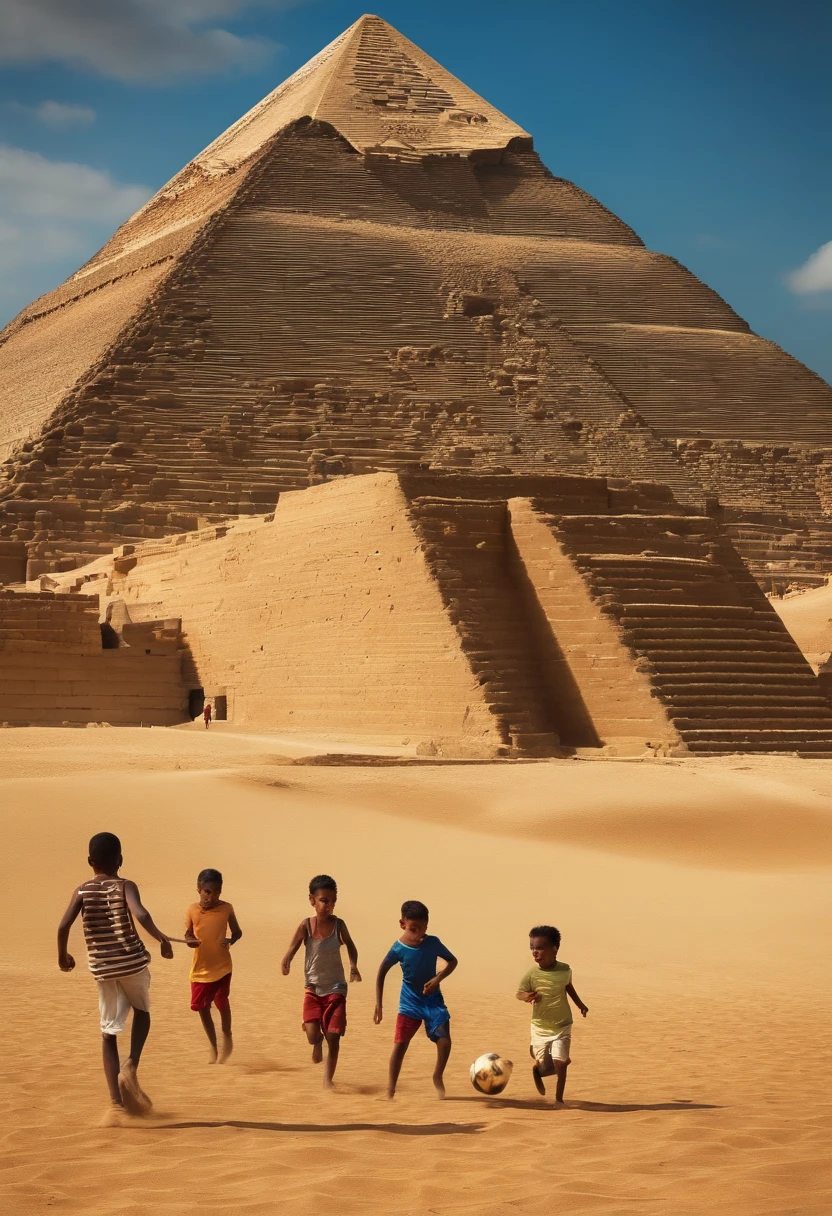 children playing football in front of the egyptian pyramid
