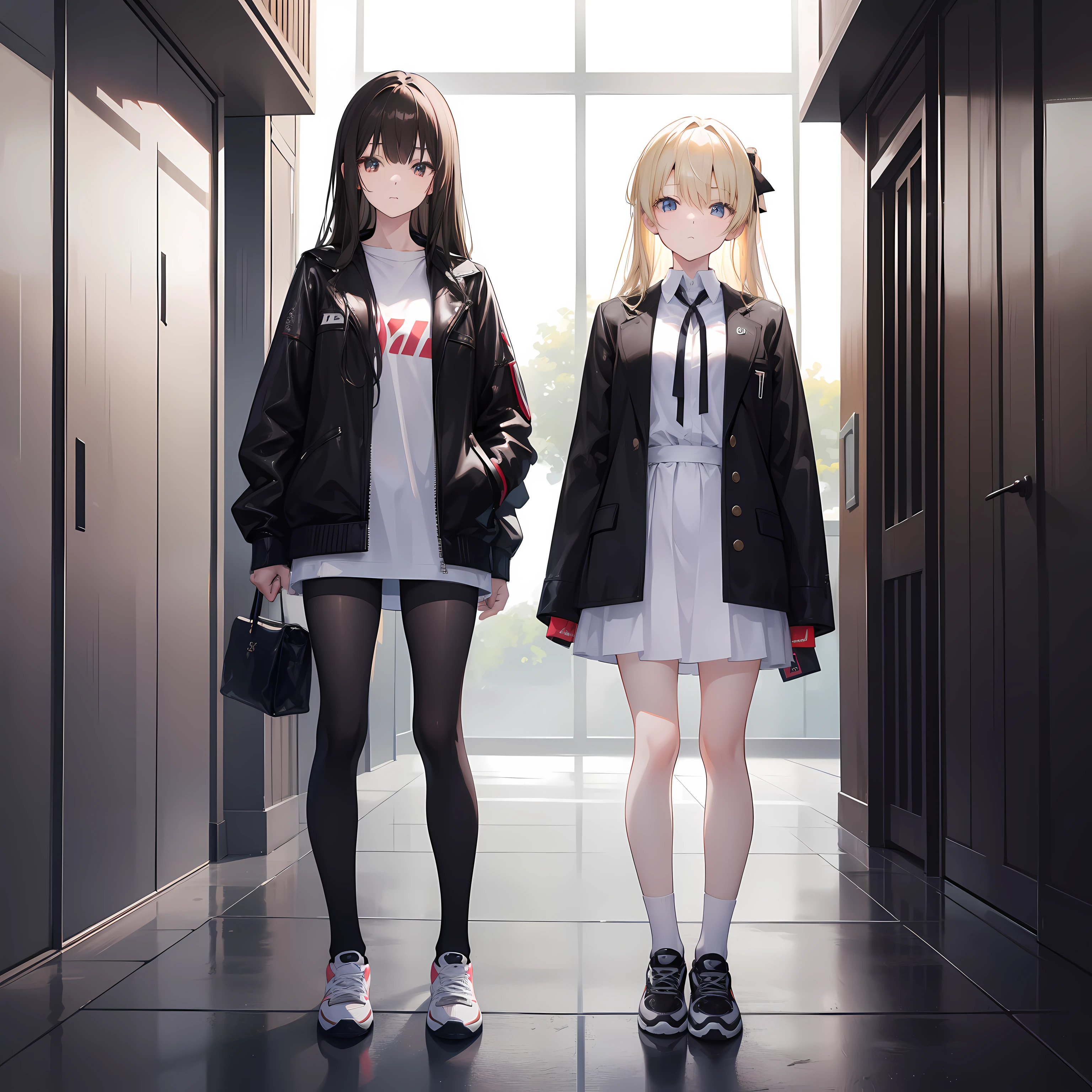 Create an image of two cute anime characters, Yori and Aina, standing in a college hallway. Yori is a beautiful black-haired girl with a lot of attitude. She is stylish and extroverted, and she is wearing a leather jacket, a white college shirt, a dark brown tie, and sneakers. She has a comfortable expression on her face. Aina is a beautiful blonde-haired girl who is shy and introverted. She is wearing a white college shirt, a dark brown college coat, a dark brown tie, and sneakers. She has an uncomfortable expression on her face. The two girls are standing with their faces in opposite directions.