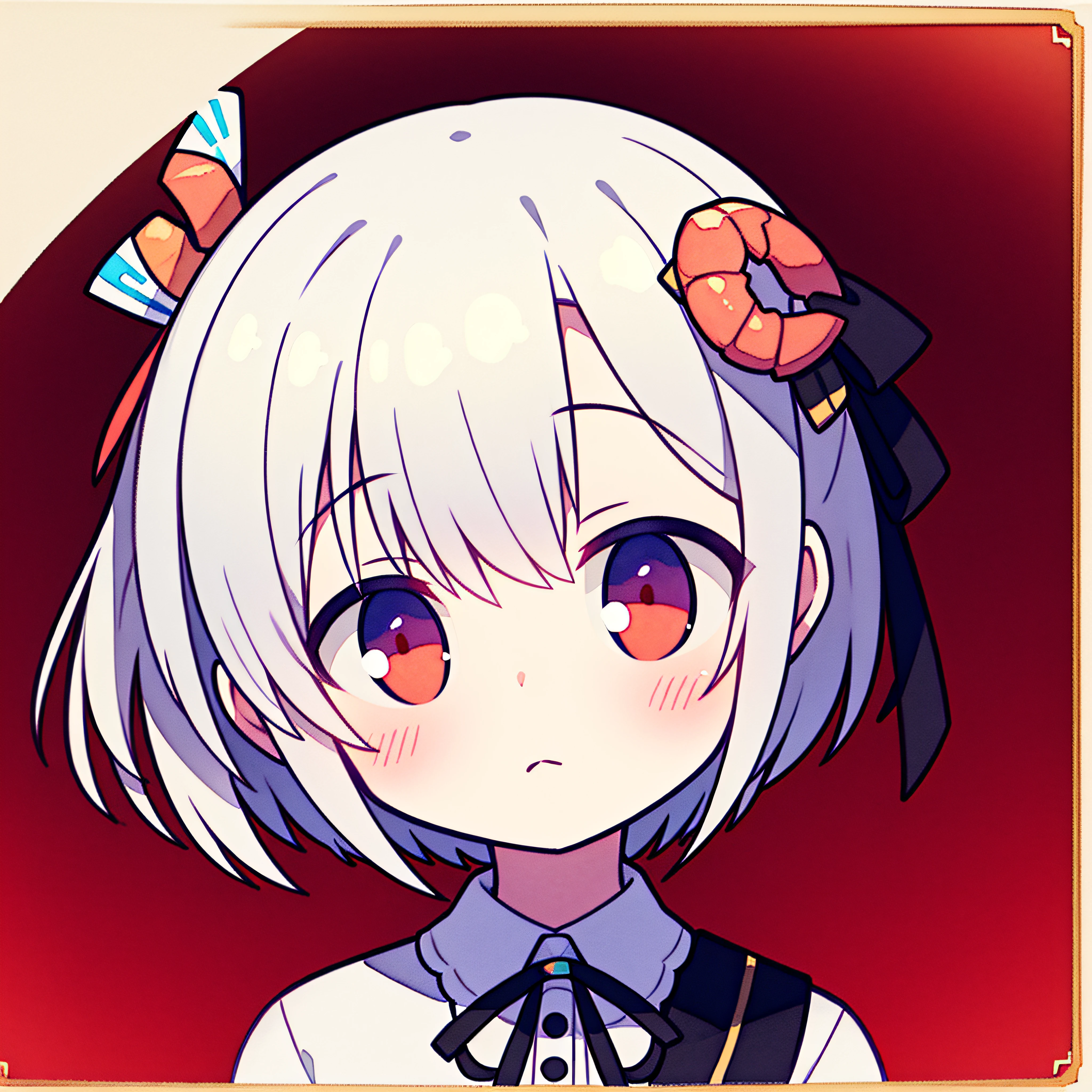 shrimp on the head, solo, 1 girl, looking at viewer, upright, concept art, white background, simple background, white hair, red gradient hair, short sleeves, watercolor pencil, expressionless, blush, virtual youtuber