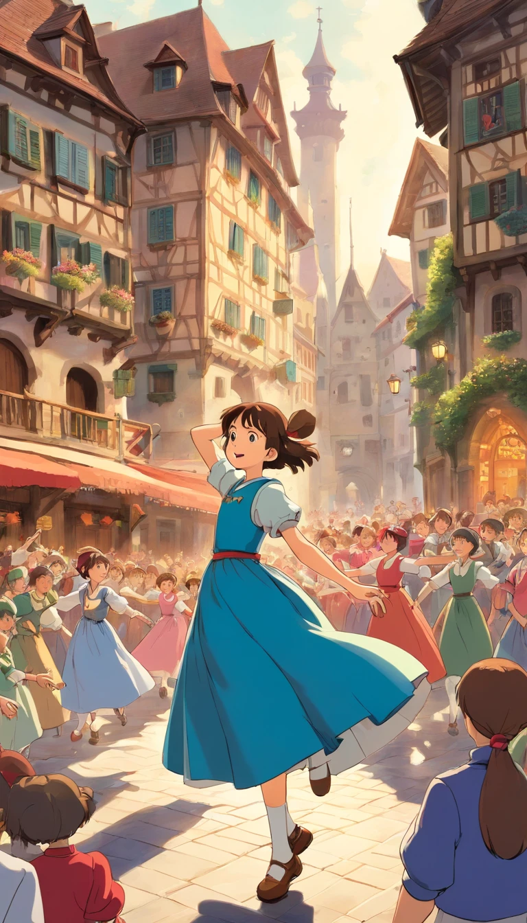 Depicting the 1518 Strasbourg city square, illustrate authorities, identifiable by their official garb, encouraging the growing mass of dancers. Show stages being erected and musicians playing, adding to the chaotic atmosphere. Maintain focus on Frau Troffea, the young girl in the red dress, who continues her relentless dance amidst the crowd.