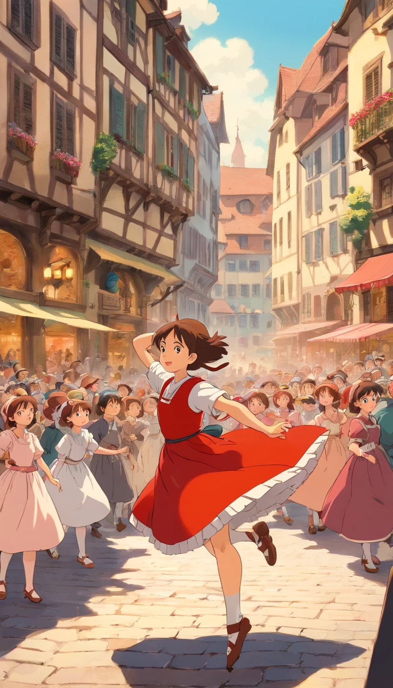 Depicting the 1518 Strasbourg city square, illustrate authorities, identifiable by their official garb, encouraging the growing mass of dancers. Show stages being erected and musicians playing, adding to the chaotic atmosphere. Maintain focus on Frau Troffea, the young girl in the red dress, who continues her relentless dance amidst the crowd.