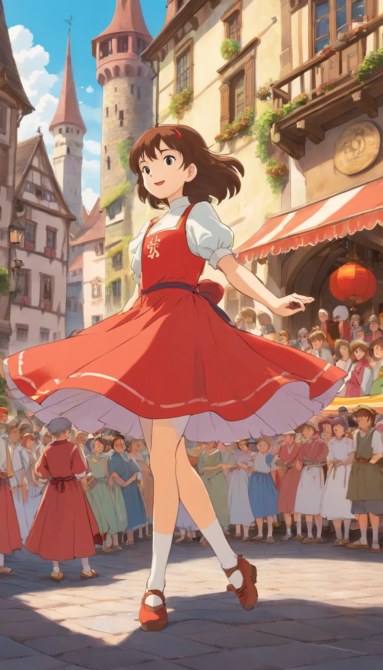 Depicting the 1518 Strasbourg city square, illustrate authorities, identifiable by their official garb, encouraging the growing mass of dancers. Show stages being erected and musicians playing, adding to the chaotic atmosphere. Maintain focus on Frau Troffea, the young girl in the red dress, who continues her relentless dance amidst the crowd.