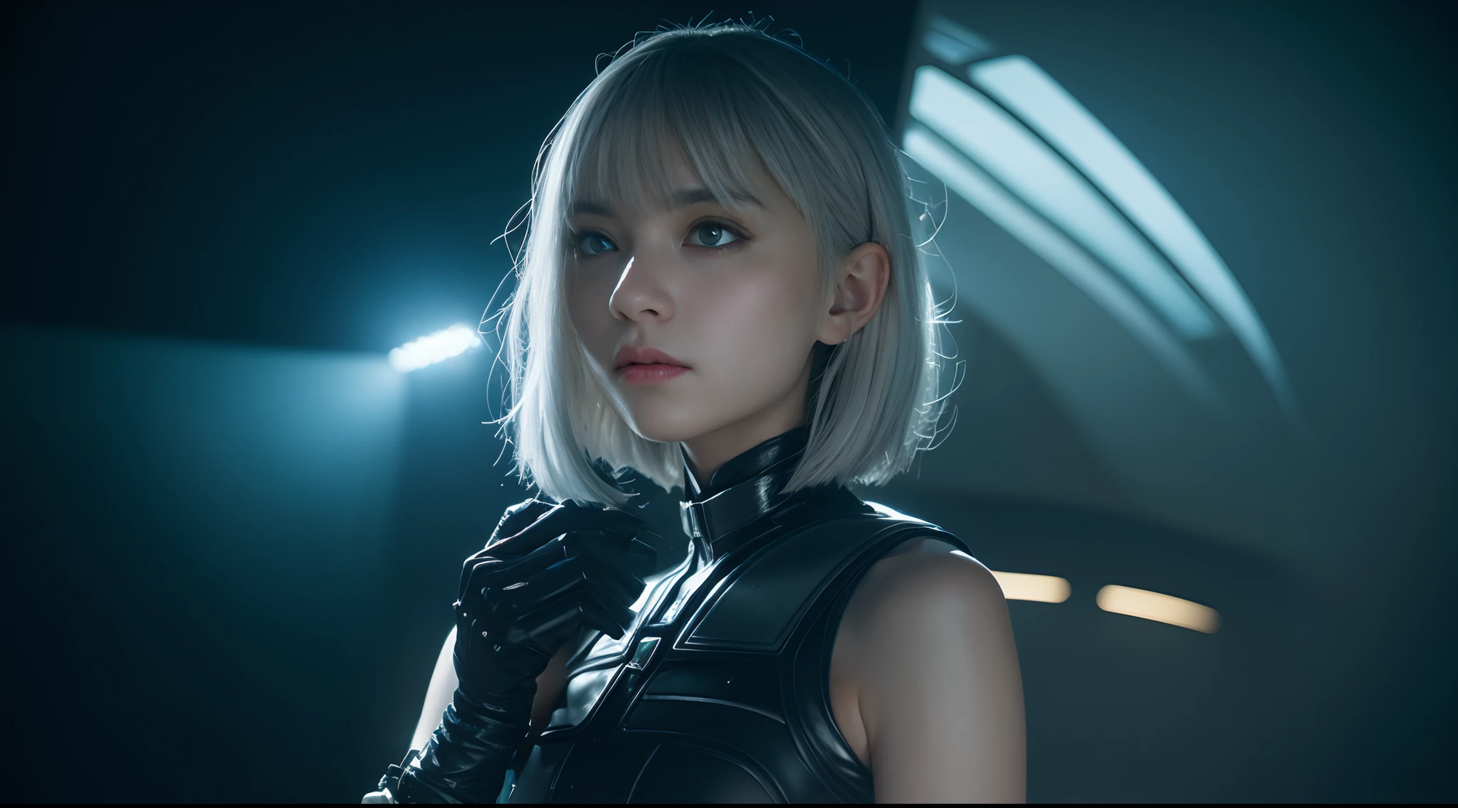 emphasis lines, bokeh, Eye-Level Shot,From the movie Matrix ,3D,solo, 1girl,battle garment,A young white haired girl from Germany,A beautiful cyberpunk female image,hdr(HighDynamicRange),Ray traching,NVIDIA RTX,Hyper-Resolution,Unreal 5,Subsurface scattering、PBR Texture、post-proces、Anisotropy Filtering、depth of fields、maximum definition and sharpness、Many-Layer Textures、Albedo e mapas Speculares、Surface coloring、Accurate simulation octane rendering of light-material interactions、Two-colored light、largeaperture、Low ISO、White balance、the rule of thirds、8K raw data、blackstockings,cinematic lighting, ray tracing, reflection light, UHD, best quality, high quality, award winning, high details, masterpiece, anatomically correct, textured skin,