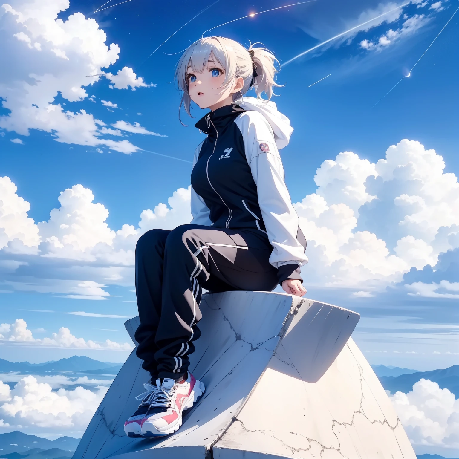 Girl sitting in the clouds,sky cities,upon the clouds,Looking at the clouds in the distance,with blue sky and white clouds,beautifull puffy clouds,Colorful clouds,A high resolution,anime big breast,on cloud,in a panoramic view,Faraway view,Full body like(4K)(A high resolution)(Girl in tracksuit looking up at the stars in the clouds),vivaciousness,adolable,Perfect mood
