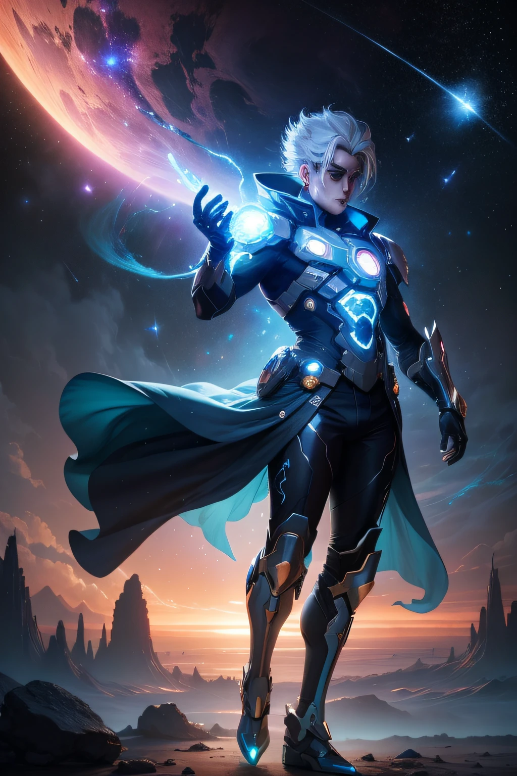Please create an image of the character Orion in futuristic attire inspired by the stars. He should appear strong and ready for adventure. Be sure to showcase his main ability, which is gathering and controlling star energy. The image should depict Orion soaring through the air amidst enchanting landscapes filled with vibrant colors and natural beauty. The star energy he controls should shine brightly, and the background should create a mesmerizing atmosphere with elements such as stars, nebulae, and galaxies, making it a captivating space-themed scene.