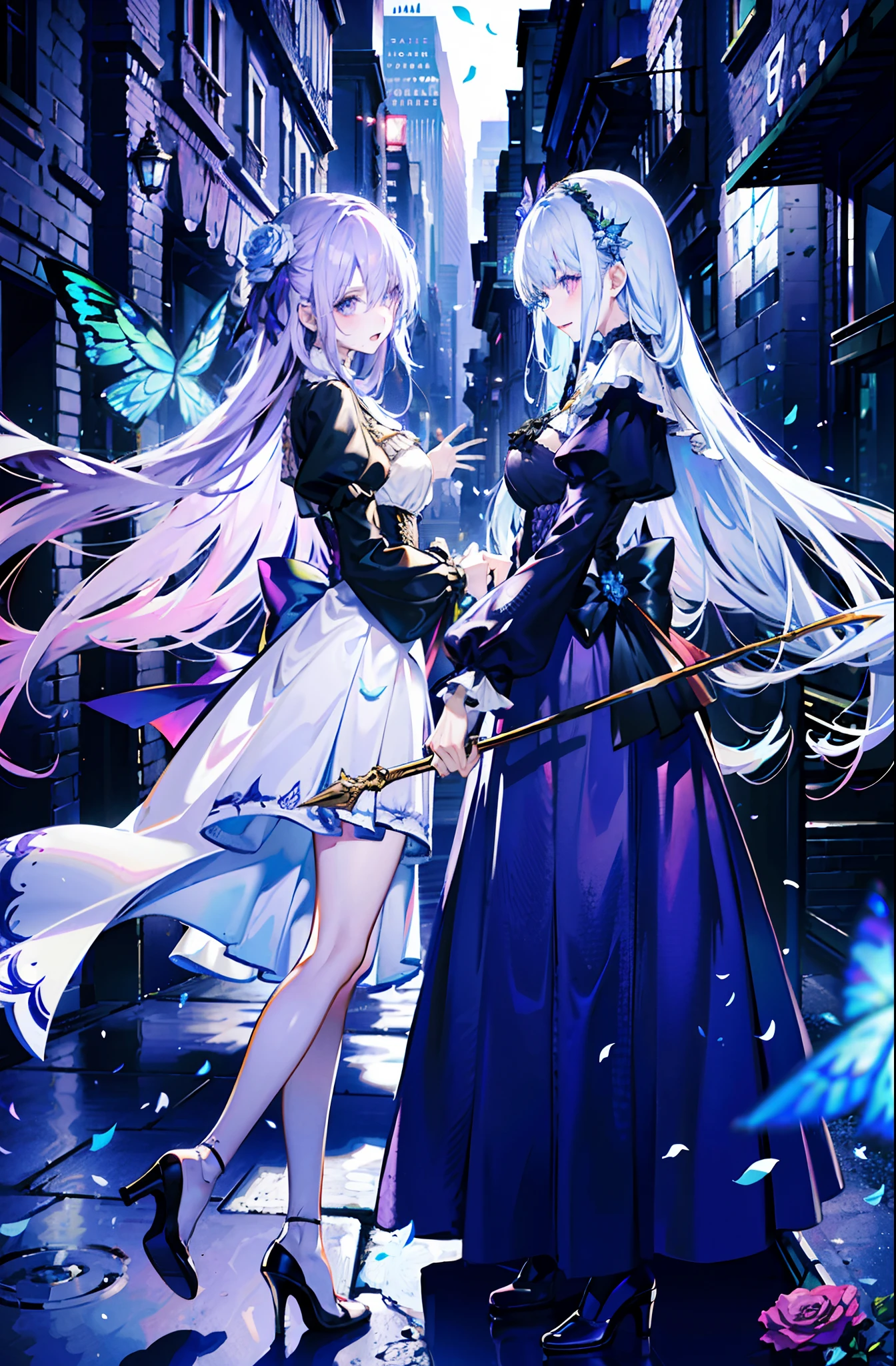 2 people、Mature、Ample breasts、Long Hair、Long eyelashes、White haired girl and purple haired girl、Idol Group、2 people組み、Diva、Open Mouth、sing、Back to Back、Live Stage、Black costume、Lace fabric、Shoulder Bare、Miniskirt、garter、choker、Earrings、bracelet、Hold the microphone、Butterflies fluttering、Spotlight、Night view、Downtown、A seductive smile、Eyeshadow on the outer corner of the eye、mascara、smile、cool、Charm、Gorgeous、prism、High resolution、Highest quality