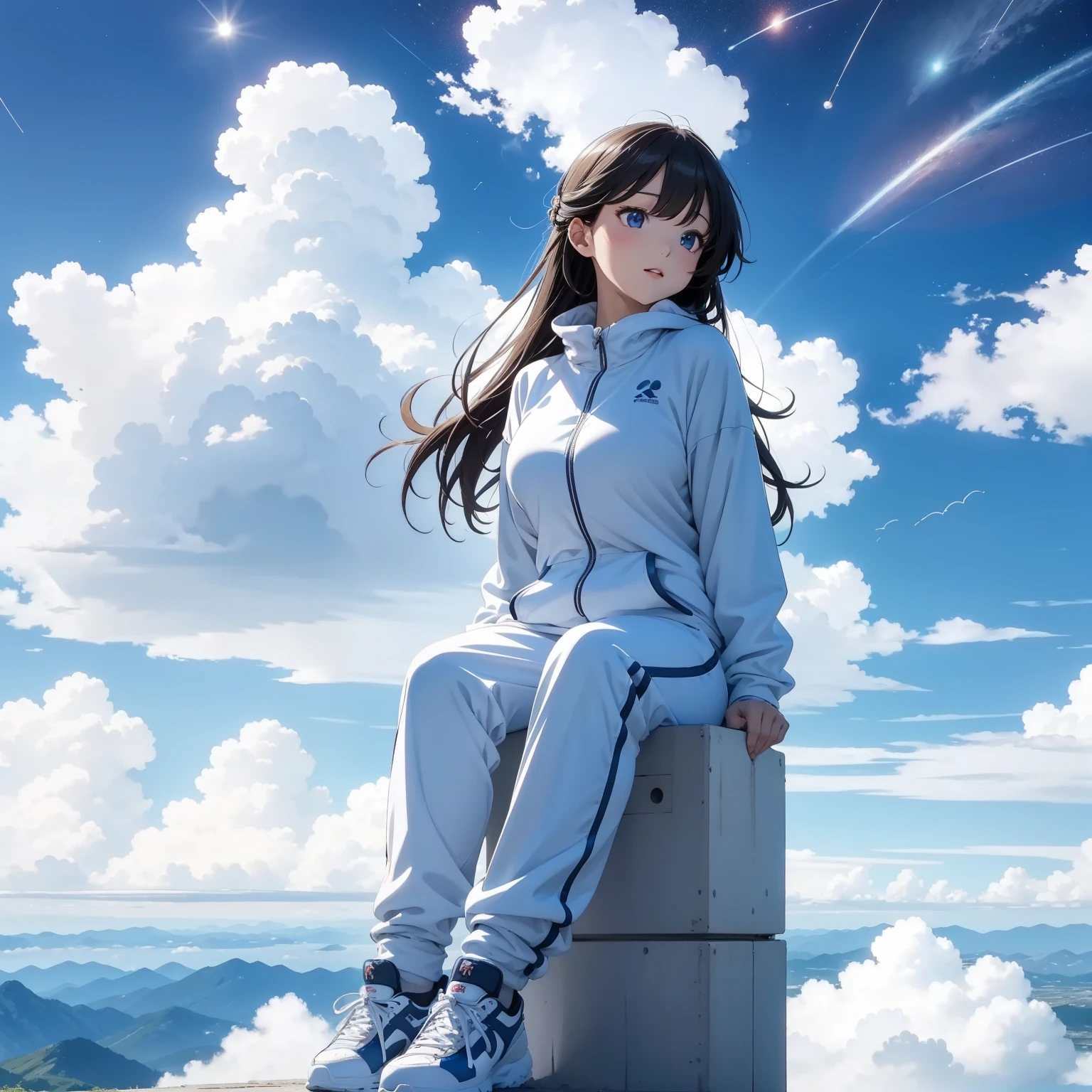 Girl sitting in the clouds，sky cities，upon the clouds，Looking at the clouds in the distance，with blue sky and white clouds，beautifull puffy clouds，Colorful clouds，A high resolution，anime big breast，on cloud,in a panoramic view，Faraway view，Full body like（4K）（A high resolution）（Girl in tracksuit looking up at the stars in the clouds），vivaciousness，adolable，Perfect mood