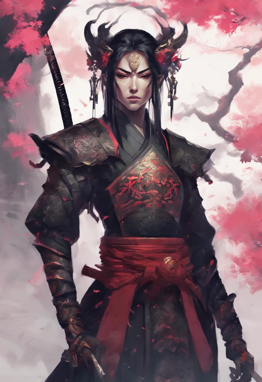 Dark Elf wearing Gothic armor and katanas, samurai, cabelos longos cinzas, magnifica, serious facial expression, Lotus flower drawn on kimono, magnifica, 8k, posicionamento central, dramatic scene.
