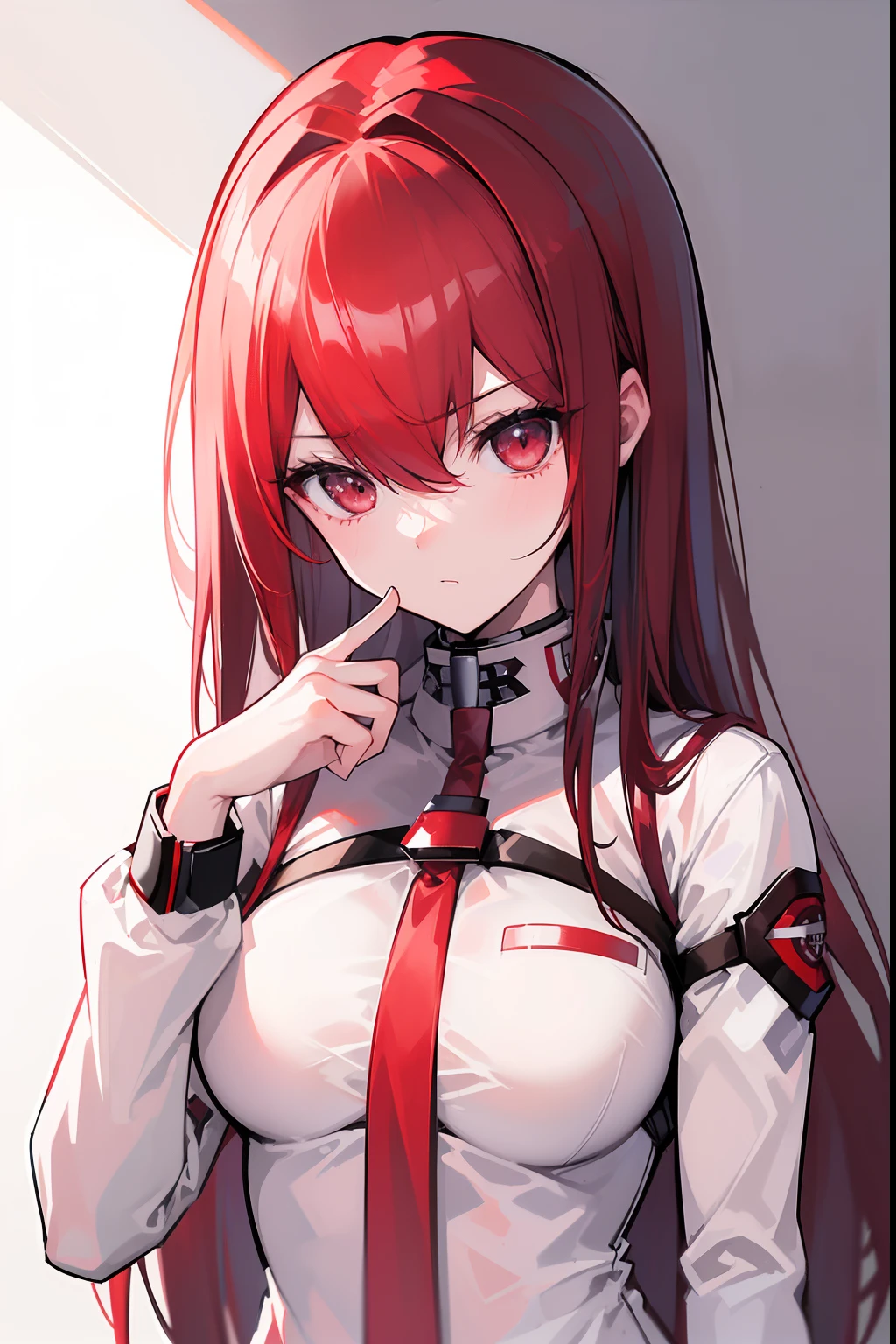 (masuter piece, Best Quality, Ultra-detailed), ((kurisu makise:1.2)), (1girl in:1.2), (Detailed face, Detailed eyes, Detailed skin:1.1), Red hair, hair between eye, breasts of medium size, Medium Hair, (Long sleeves:1.5), lab background, ((Manteau blanc)), Red tie,Steinsgate