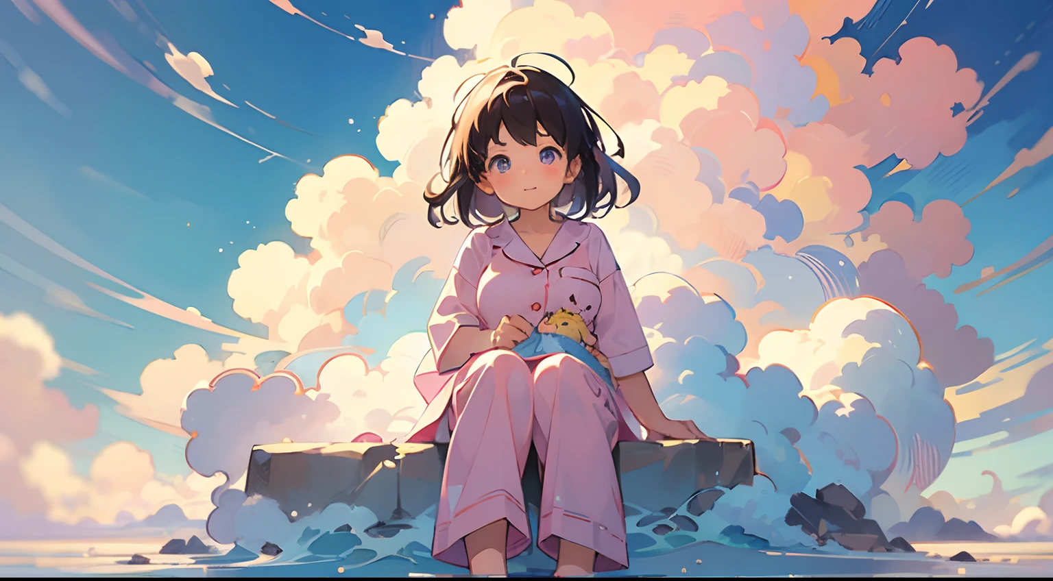 comic strip,Cute and cute 5 year old baby girl sitting on beautiful fluffy clouds in the sky,anime big breast,On thick clouds like marshmallows,Pink pajamas,Detail enhancement,8K,super-fine,concept-art,number art