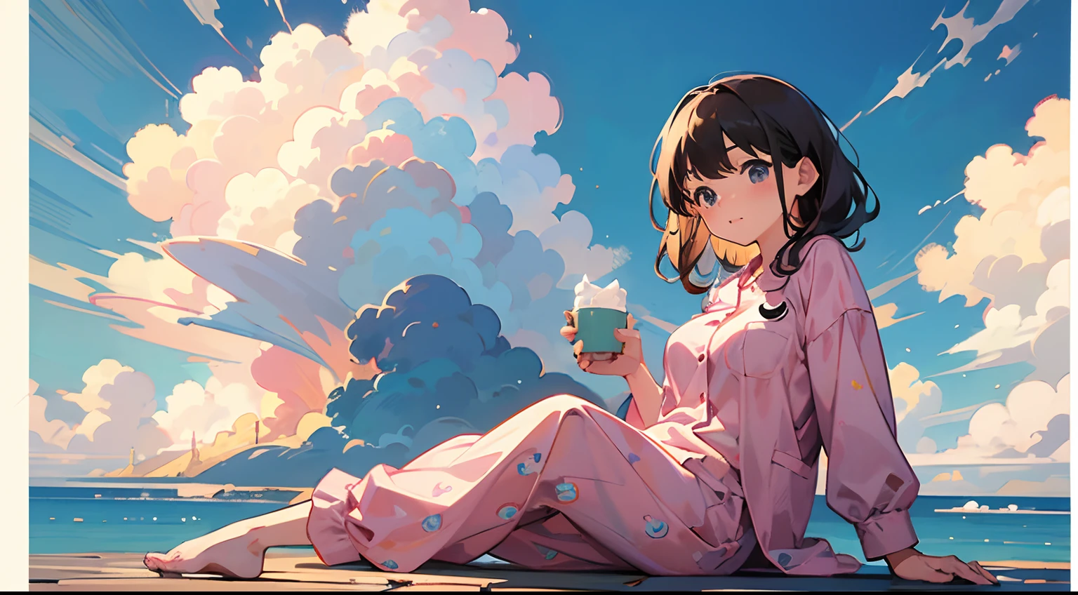 comic strip，Cute and cute 5  girl sitting on beautiful fluffy clouds in the sky，anime big breast，On thick clouds like marshmallows，Pink pajamas，Detail enhancement，8K，super-fine，concept-art，number art