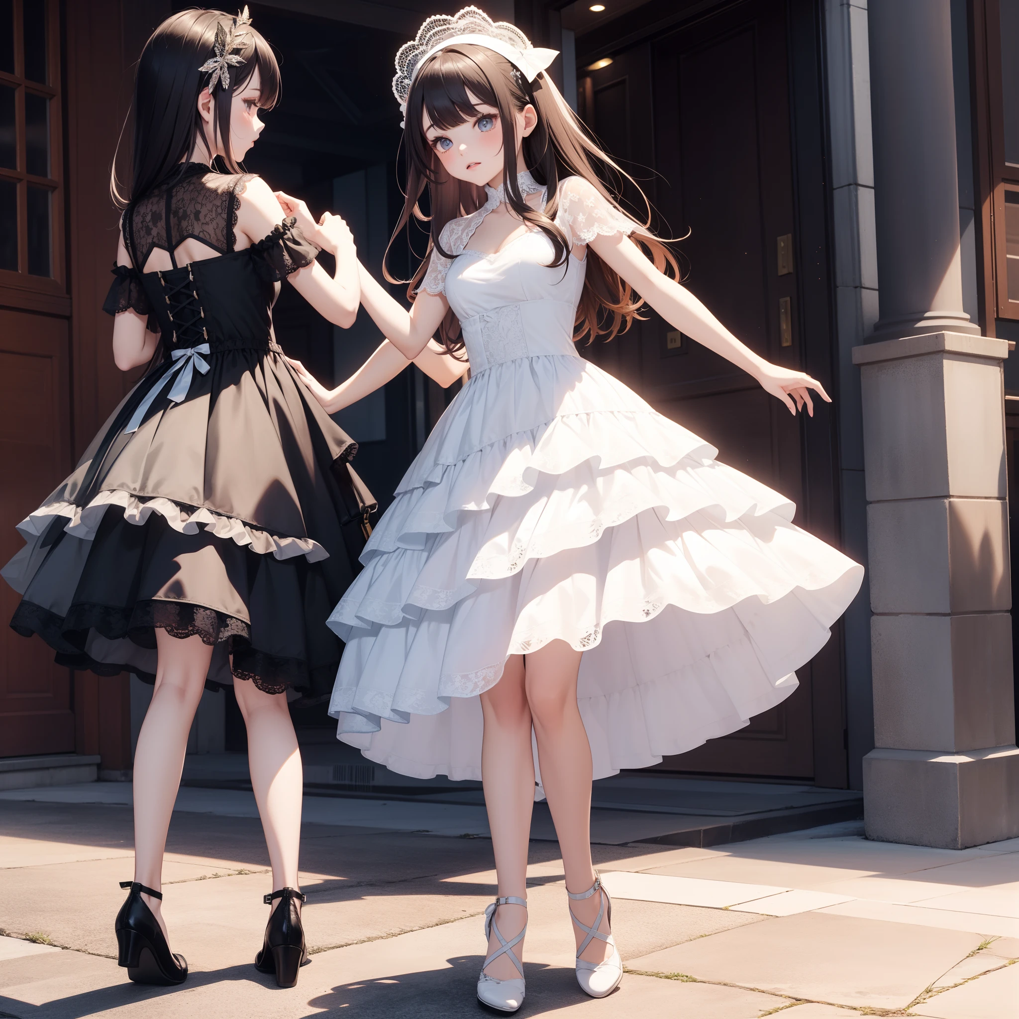Two women in short dresses are walking down a sidewalk - SeaArt AI