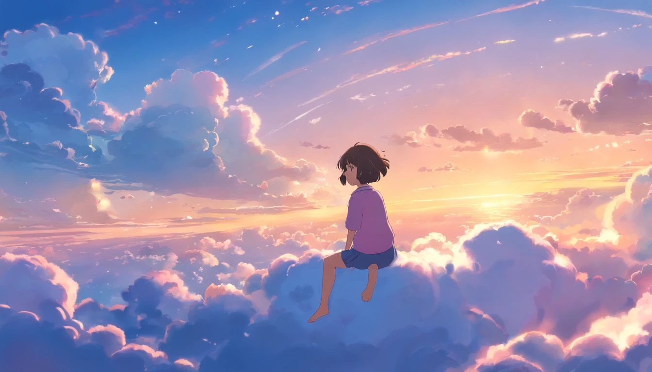comic strip,Cute and cute baby girl sitting on beautiful fluffy clouds in the sky,anime big breast,On clouds such as marshmallows,Pink pajamas,Detail enhancement,8K,super-fine,concept-art,number art