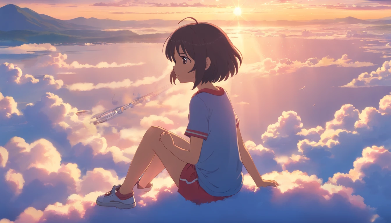 comic strip,Cute and cute 5 year old baby girl sitting on beautiful fluffy clouds in the sky,anime big breast,On thick clouds such as marshmallows,Pink pajamas,Detail enhancement,8K,super-fine,concept-art,number art