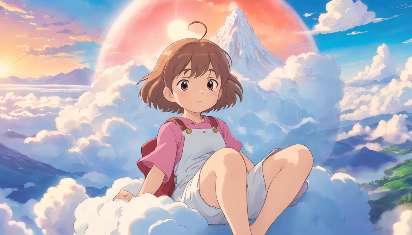 comic strip,Cute and cute 5 year old baby girl sitting on beautiful fluffy clouds in the sky,anime big breast,On thick clouds such as marshmallows,Pink pajamas,Detail enhancement,8K,super-fine,concept-art,number art