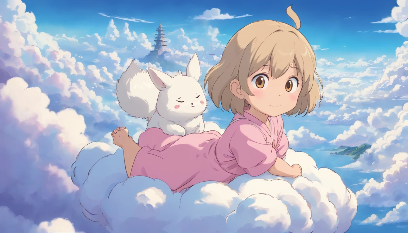 comic strip,Cute and cute 5 year old baby girl sitting on beautiful fluffy clouds in the sky,anime big breast,On thick clouds such as marshmallows,Pink pajamas,Detail enhancement,8K,super-fine,concept-art,number art