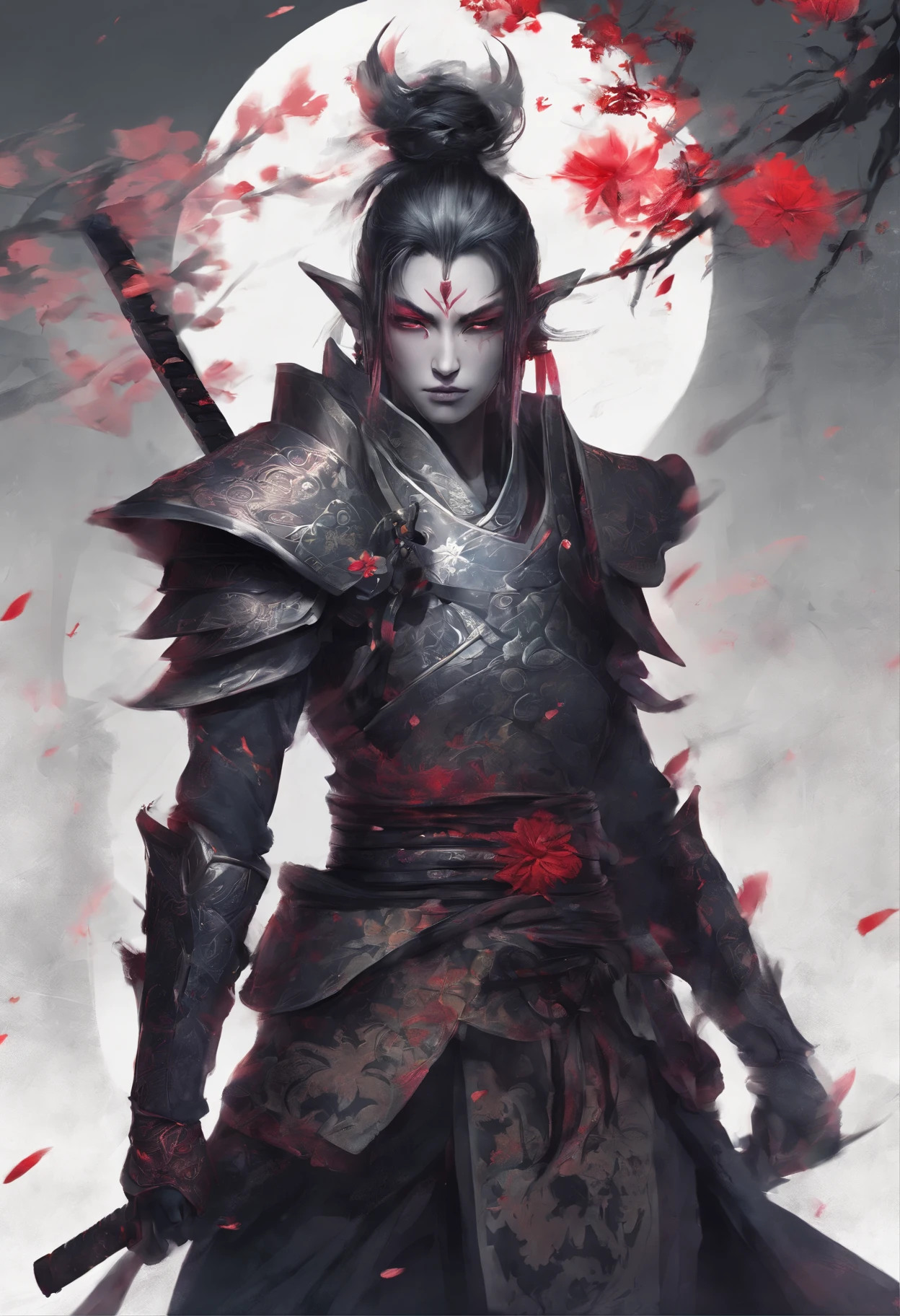 Dark Elf wearing Gothic armor and katanas, samurai, cabelos longos cinzas, magnifica, serious facial expression, Lotus flower drawn on kimono, magnifica, 8k, posicionamento central, dramatic scene.