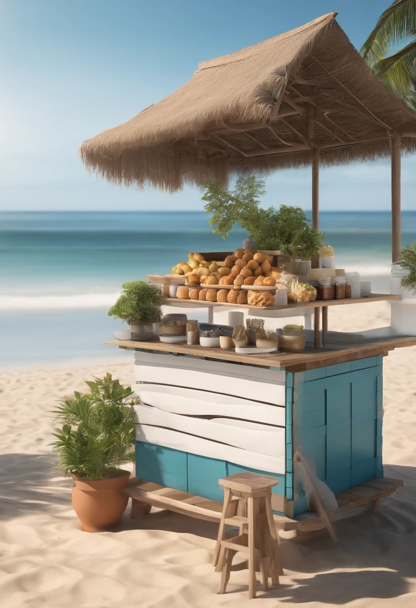 A simple snack stand，Support the roof with four，The roof should be light，The field of view is able to penetrate，You can see the scene behind the stall，On the beach by the sea，Resist typhoons，Easy to disassemble（Bright warm sunshine 1:0.1）