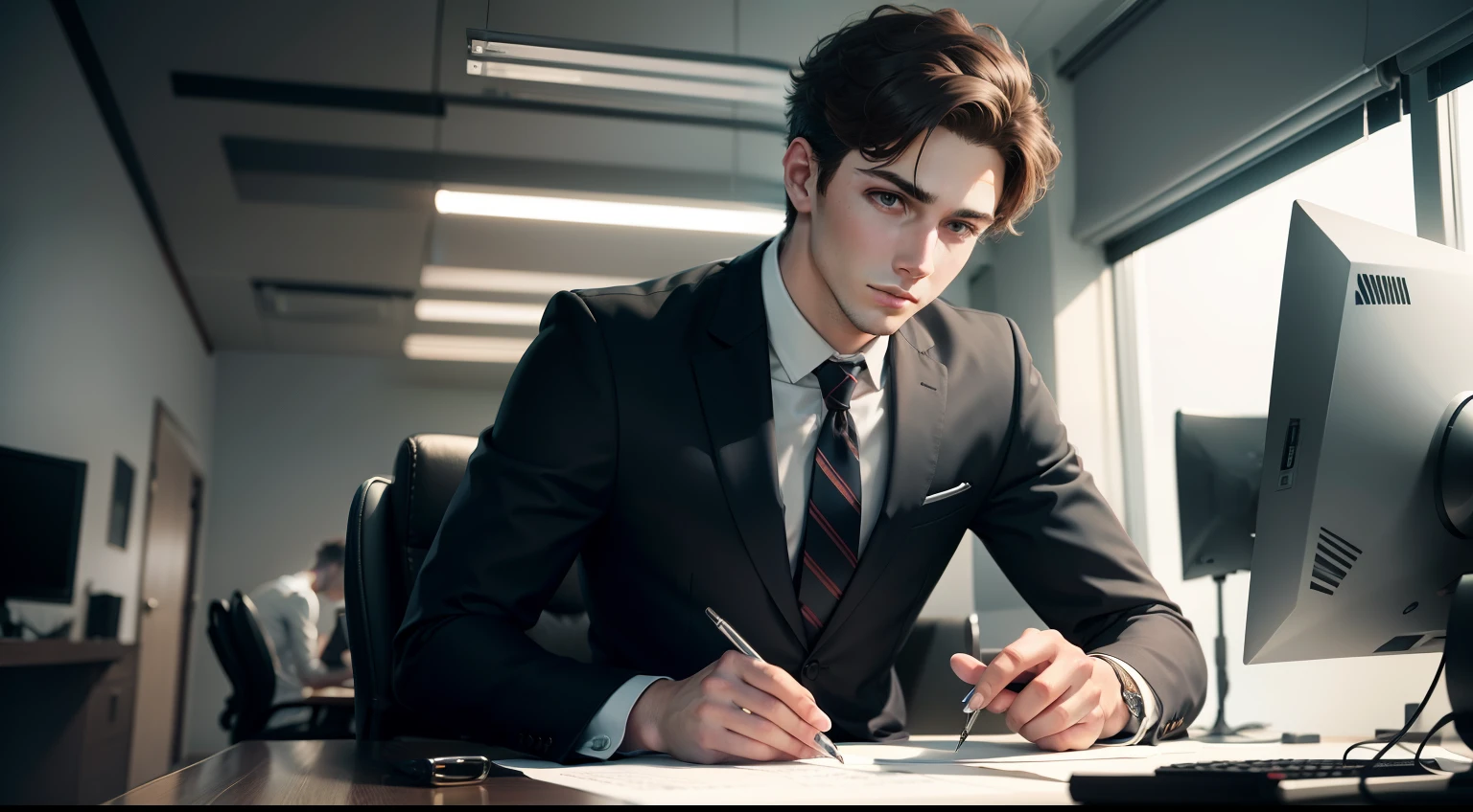 Ryan, a charming young man wearing suit, busy with computer in an office, animated style, UHD