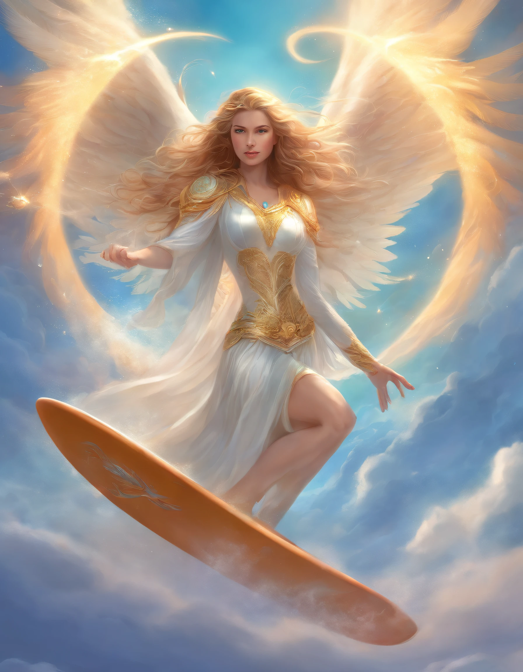 ((Enchanting angel surfing above the clouds))、masutepiece、A hyper-realistic、Highly detailed background，Realistic，ultra-detailliert，super detailed skin，light glow，Film grain，Expro II，Lens Flare，Sharpen，cinematic shadow