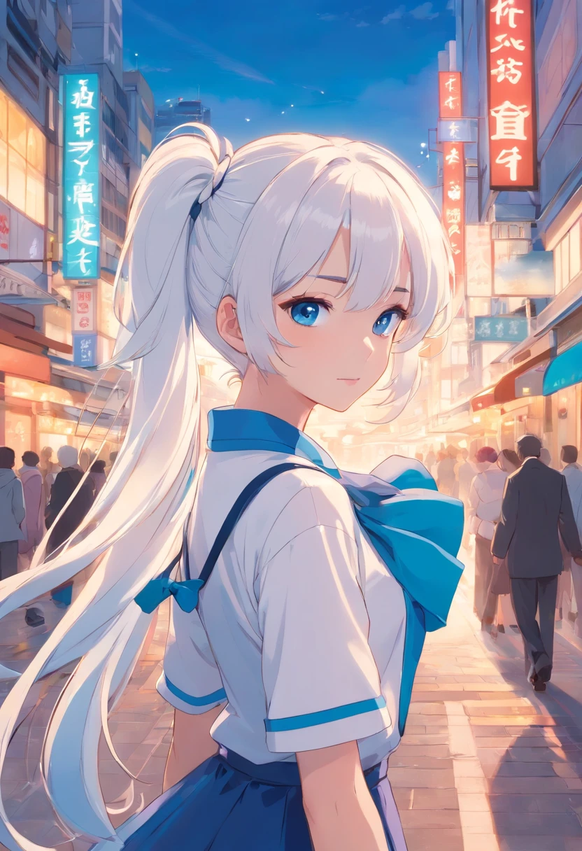 White color hair,Double ponytail curls,blue color eyes,White Lolita,Beth,A bustling city street