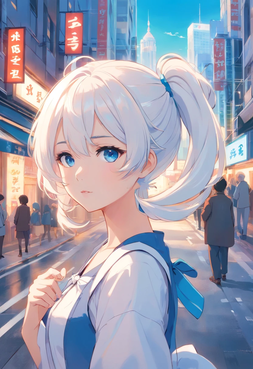 White color hair,Double ponytail curls,blue color eyes,White Lolita,Beth,A bustling city street