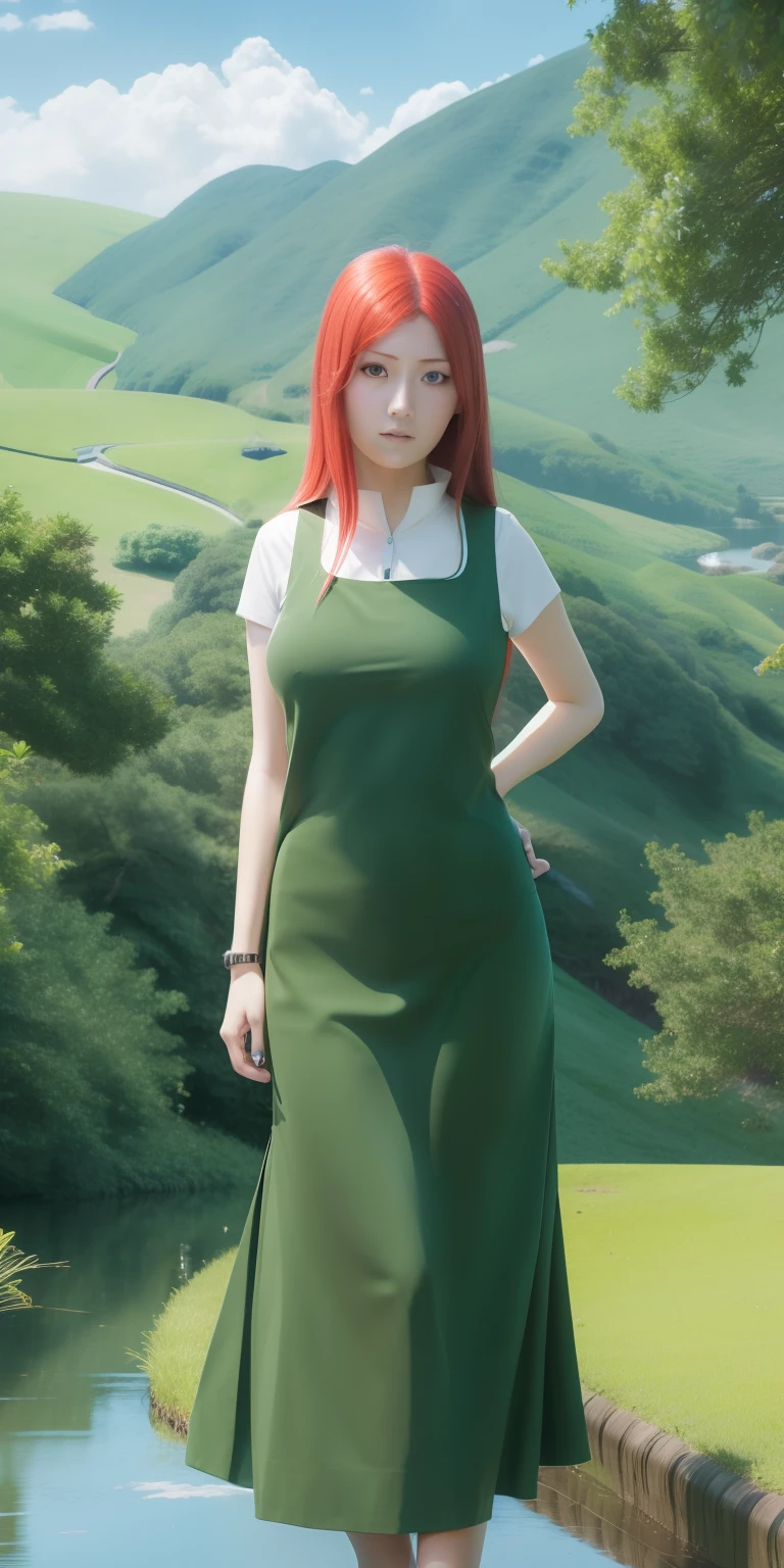 Kushina uzumaki. A woman standing on the edge of the field. His left hand was reflected in his waist. She's wearing a green and white sweater. She has long straight hair untangled not tied. With a pin to the right of his forehead. He had a white as snow. With rosy cheeks and tiny pink lips. He looked into the camera. So pretty and realistic