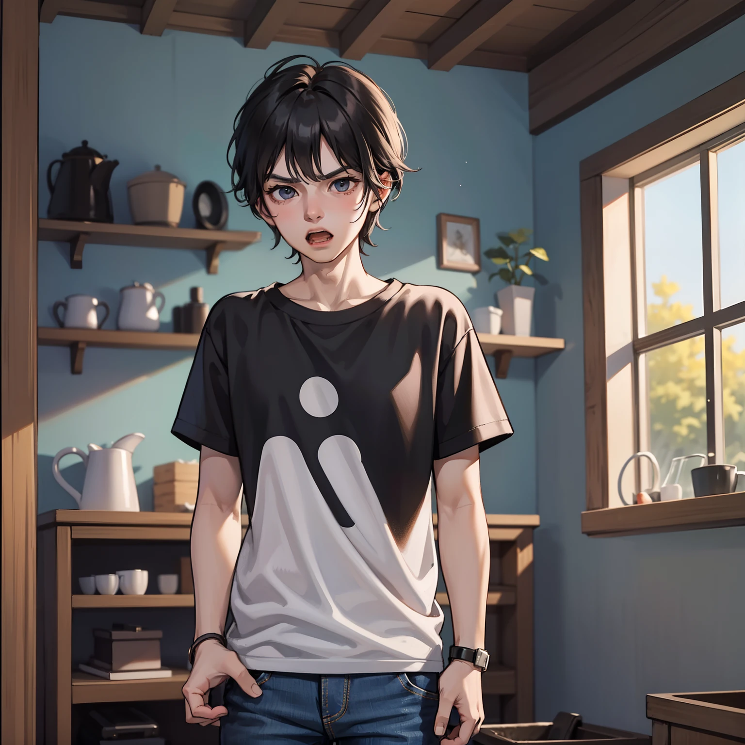 Inside a rural house，a black-haired、Pointed chin、Small little boy，Wear a casual T-shirt and jeans，Roared angrily at the scruffy middle-aged uncle。 （tmasterpiece，best qualtiy）