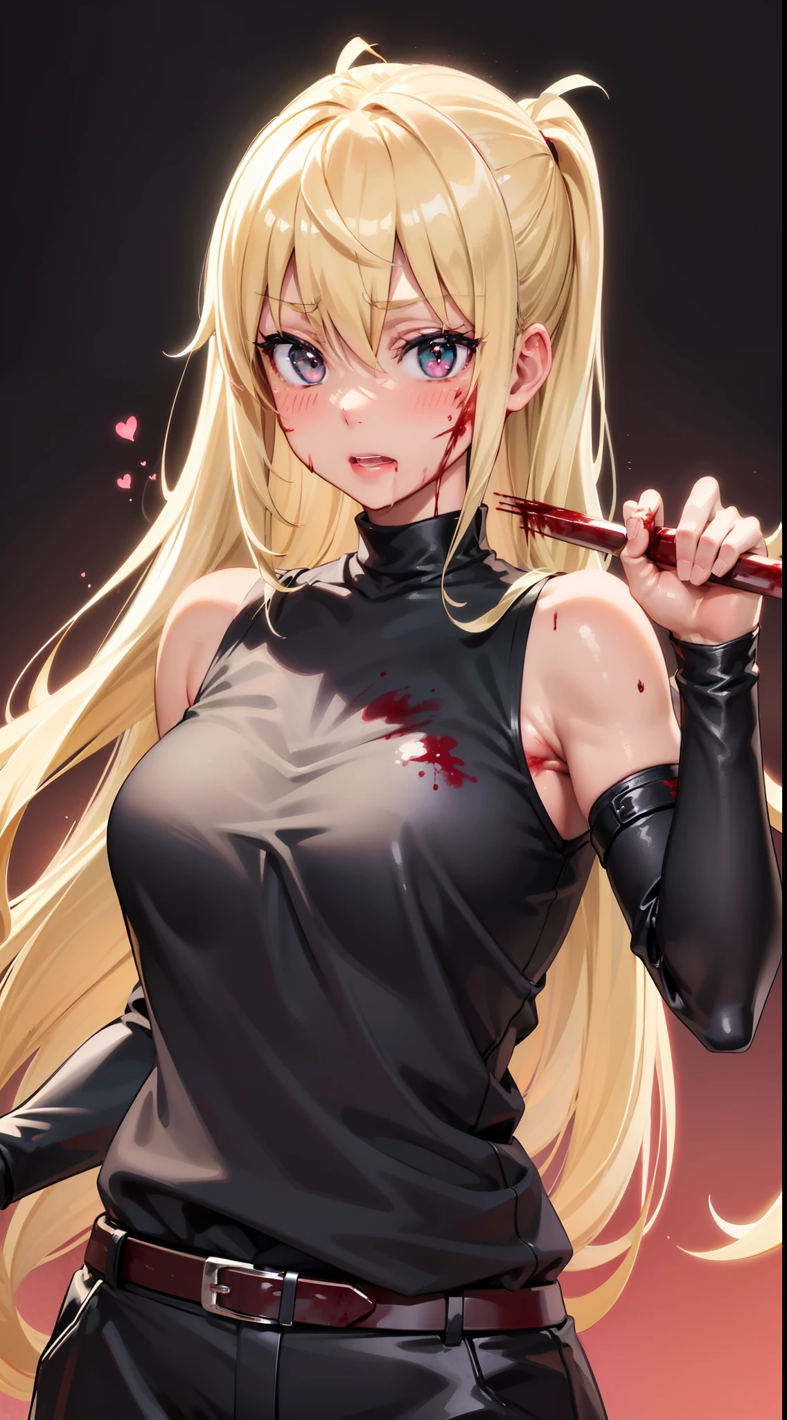 Hibiki Sakura, standing, blushed, upper body, masterpiece, ((((black clothes, blood, sadistic girl)))), vibrant colors, detailed eyes, detailed lips, sharp focus, horror, sleeveless