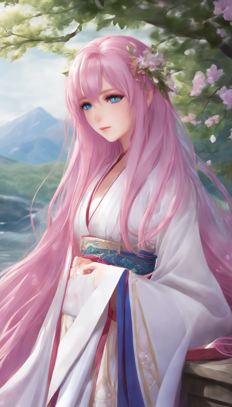 Masterpiece, Best quality,lacus-bk, 1girll, Solo, Long hair, Pink hair, Very long hair, Blue eyes, hair adornments, Japanese clothes, Detached sleeves