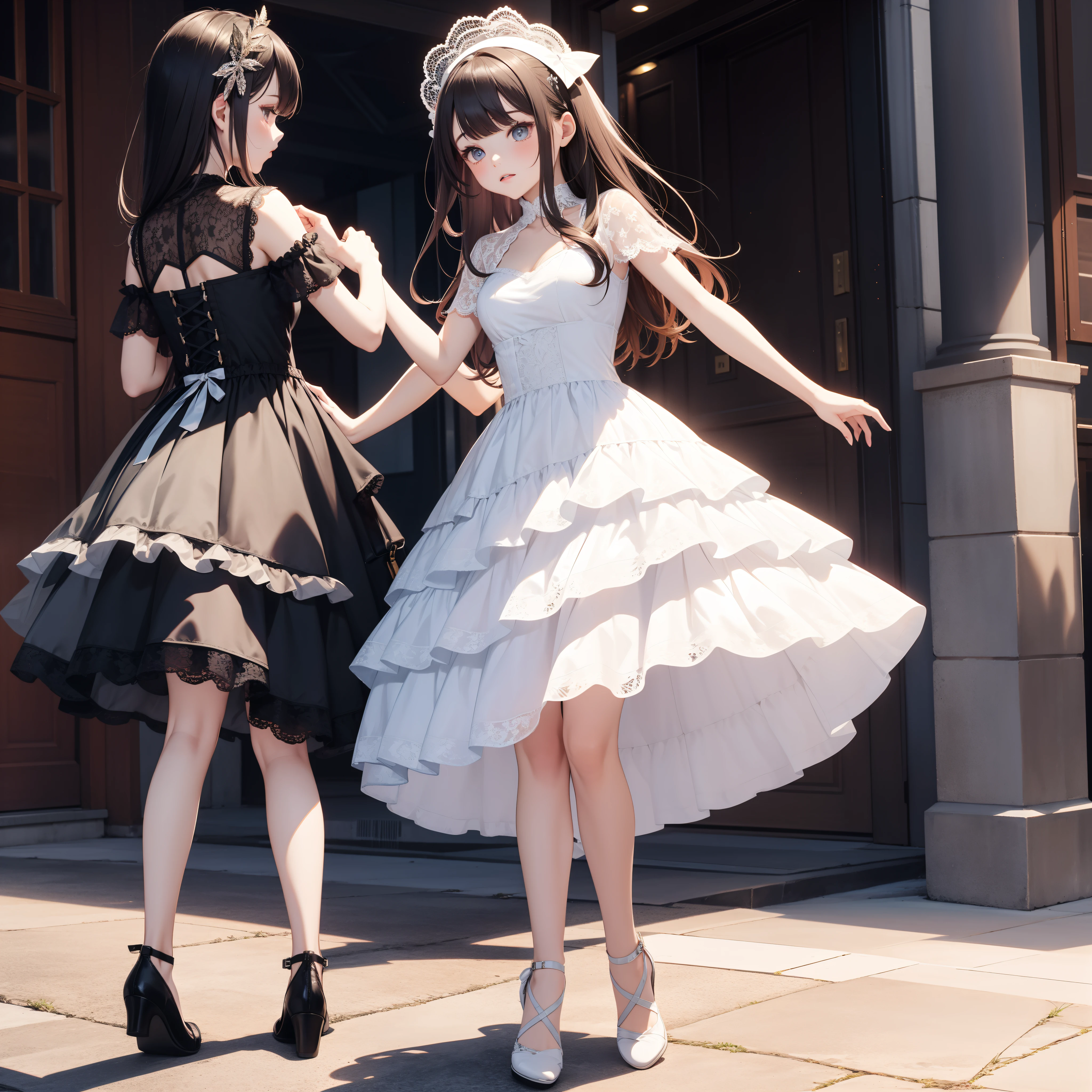 Lace dress，Multi-layered dress，laced dress，Color dress ，full bodyesbian，shoe，head gear, standing on your feet，