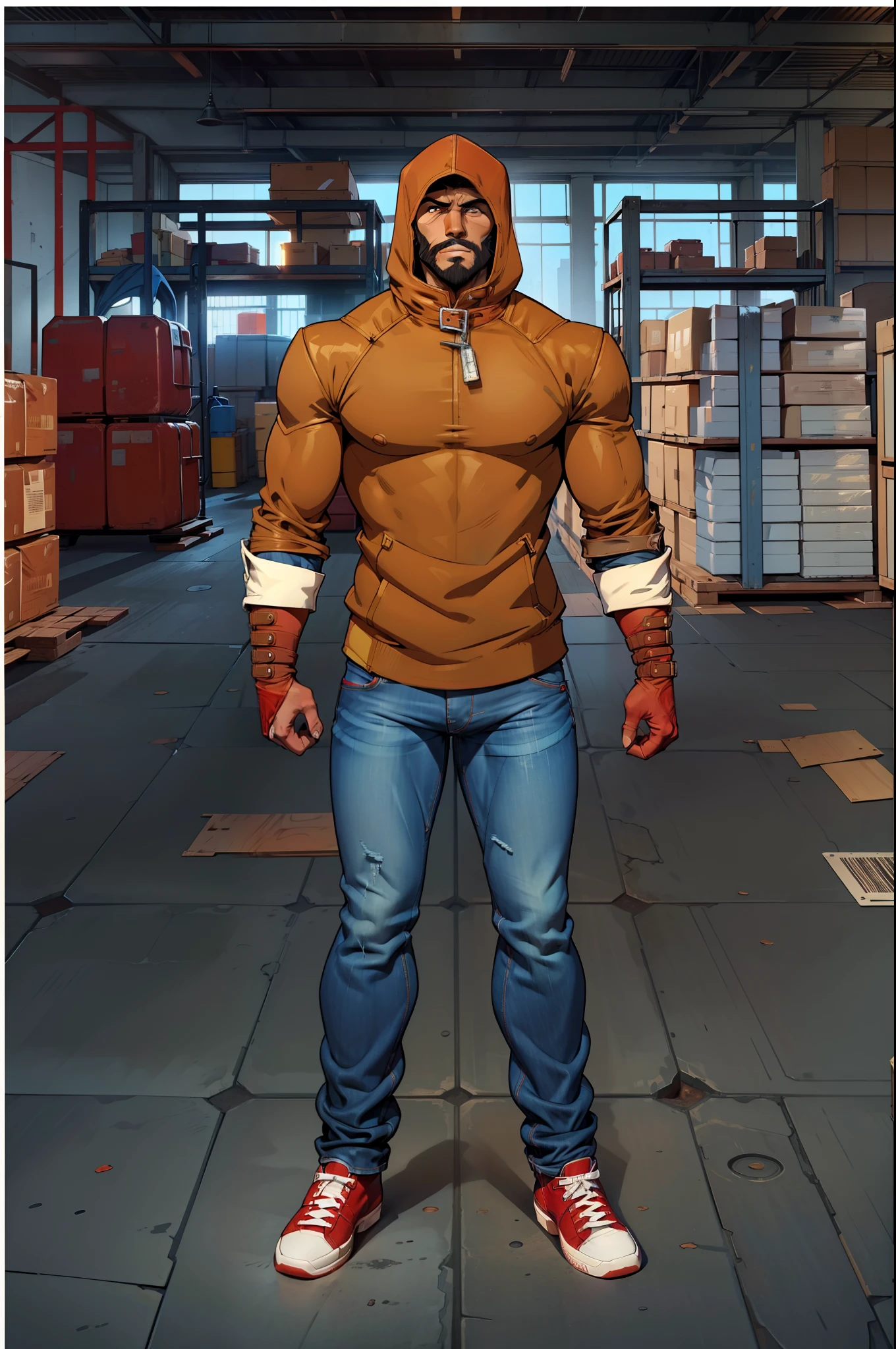 Homem barbudo, Red Iron Hands, (jaqueta marrom com capuz, Denim Jeans Pants), estilo quadrinhos, cores quentes, warehouse at the bottom