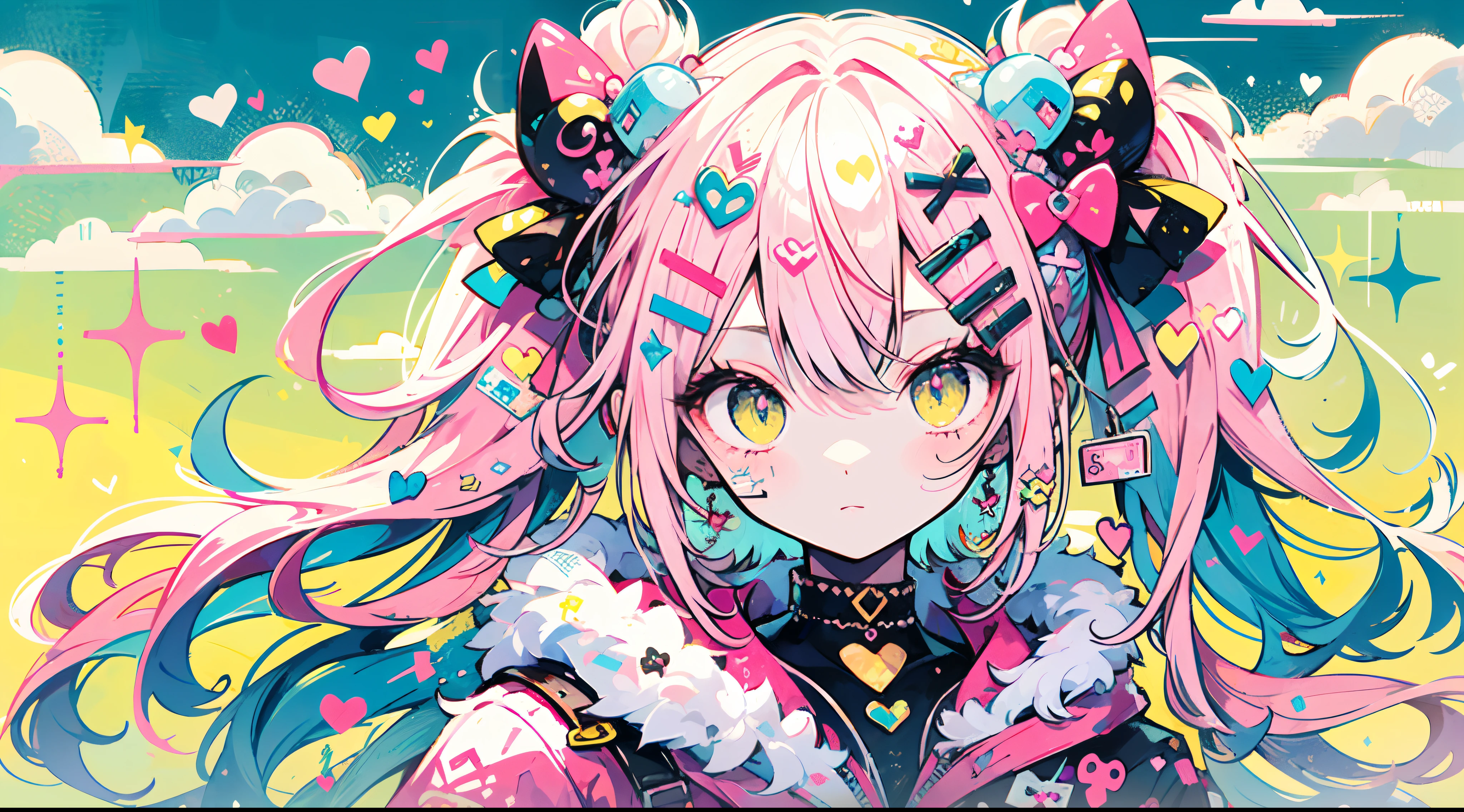 "kawaii, Cute, Adorable girl in pink, yellow, and baby red color scheme. She wears sky-themed clothing with clouds and sky motifs. Her outfit is fluffy and soft, With decora accessories like hair clips. She embodies a vibrant and trendy Harajuku fashion style."