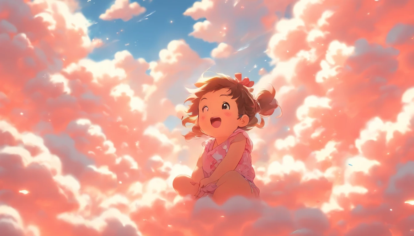comic strip,Cute and cute 5 year old baby girl sitting on beautiful fluffy clouds in the sky,anime big breast,On thick clouds such as marshmallows,Pink pajamas,Detail enhancement,8K,super-fine,concept-art,number art,Fine depiction of the face