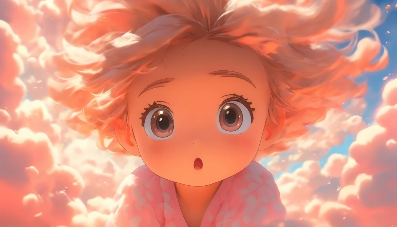 comic strip，Cute and cute 5 year old baby girl sitting on beautiful fluffy clouds in the sky，anime big breast，On thick clouds such as marshmallows，Pink pajamas，Detail enhancement，8K，super-fine，concept-art，number art，Fine depiction of the face