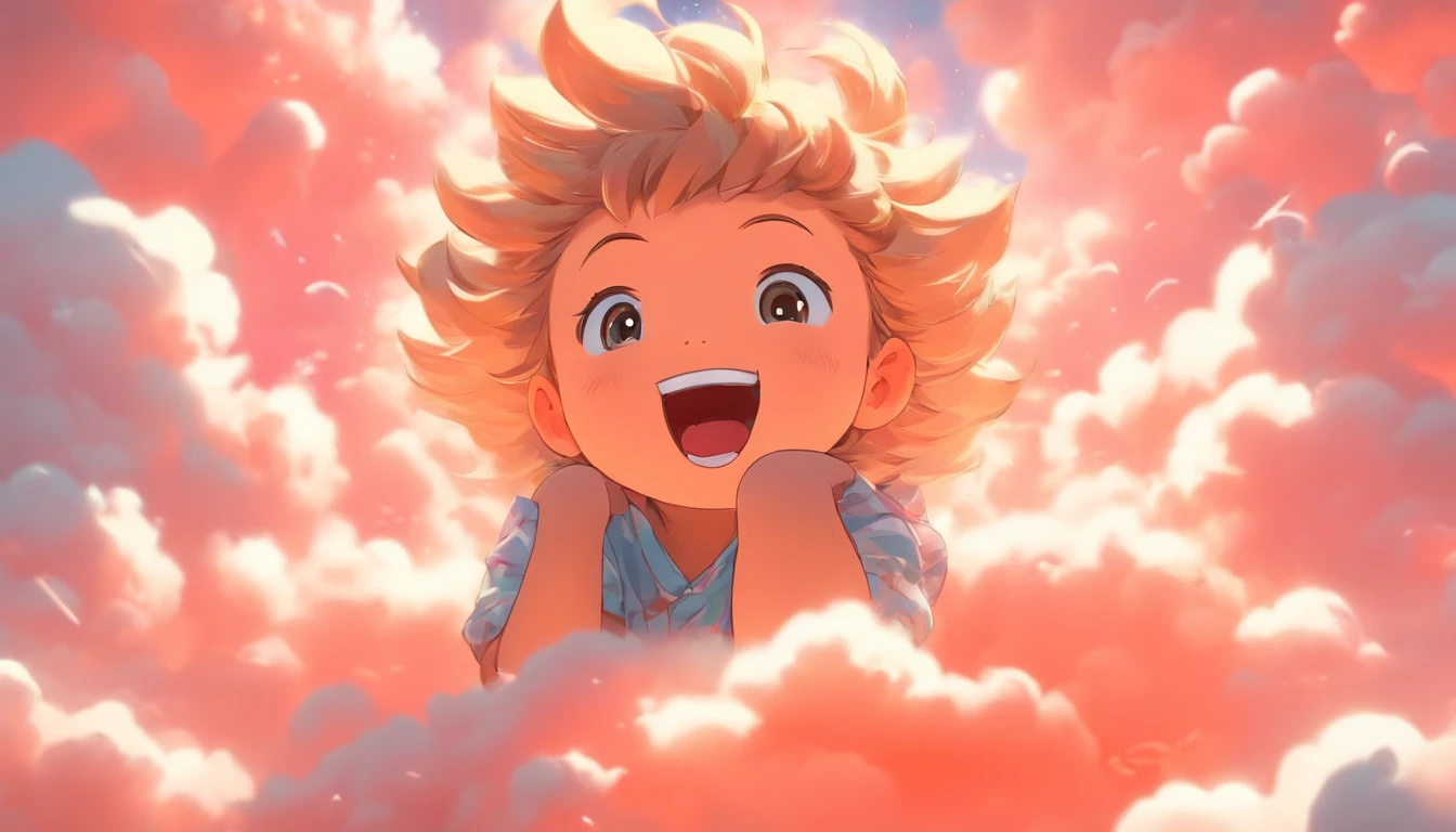 comic strip，Cute and cute 5 year old baby girl sitting on beautiful fluffy clouds in the sky，anime big breast，On thick clouds such as marshmallows，Pink pajamas，Detail enhancement，8K，super-fine，concept-art，number art，Fine depiction of the face