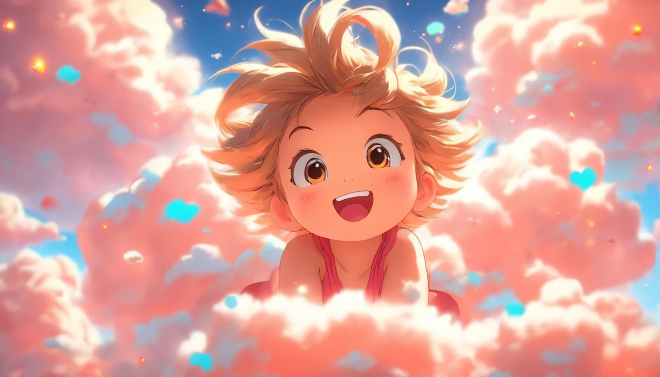 comic strip，Cute and cute 5 year old baby girl sitting on beautiful fluffy clouds in the sky，anime big breast，On thick clouds such as marshmallows，Pink pajamas，Detail enhancement，8K，super-fine，concept-art，number art，Fine depiction of the face