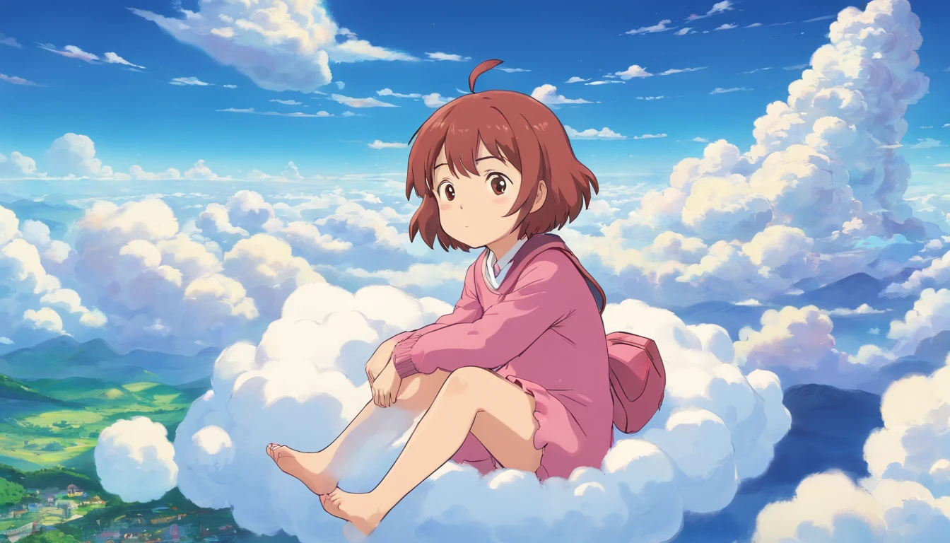 comic strip，Cute and cute 5 year old baby girl lying on beautiful fluffy clouds in the sky，anime big breast，On thick clouds such as marshmallows，Pink pajamas，Detail enhancement，8K，super-fine，concept-art，number art