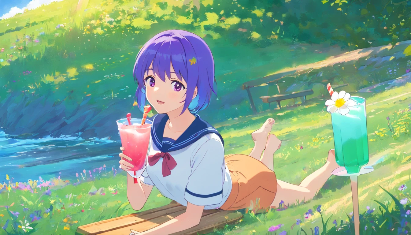 Summer meadow,Blue-purple haired popsicle-eating girl,Late afternoon,evening light,Meadows with broken flowers,Girls in sailor suits