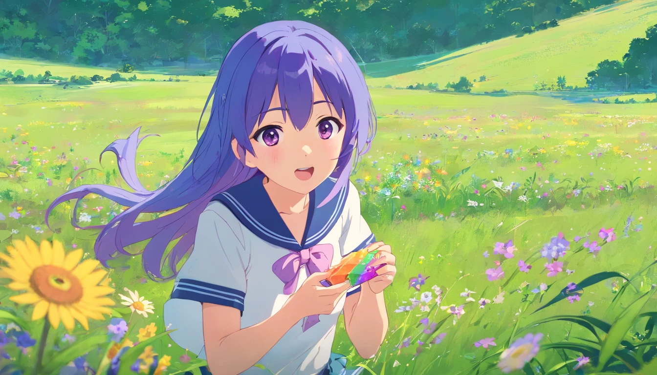Summer meadow，Blue-purple haired popsicle-eating girl，Late afternoon，evening light，Meadows with broken flowers，Girls in sailor suits