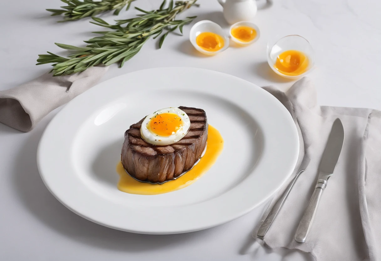 Wellington steak，Rosemary decoration，Egg yolk sauce，White plates，Silver knife and fork，Observation at a depression angle of 45 degrees