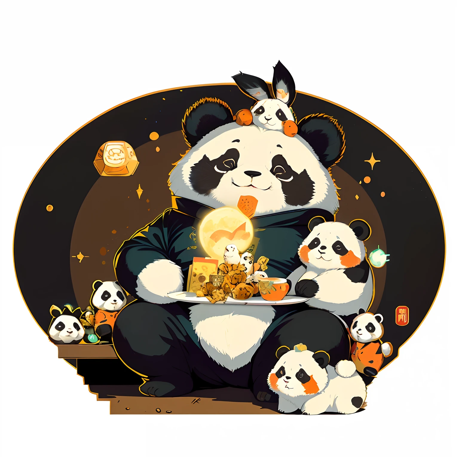 Panda and a bunch of stuffed animals sitting on the table, panda panda panda, jen bartel, red panda on a propaganda poster, Panda, full-colour illustration, full art illustration, Cute panda, author：tooth wu, hand painted cartoon art style, by Yang J, author：Ryan Yee, official fanart, Sachin Teng, author：Chen Tingfo