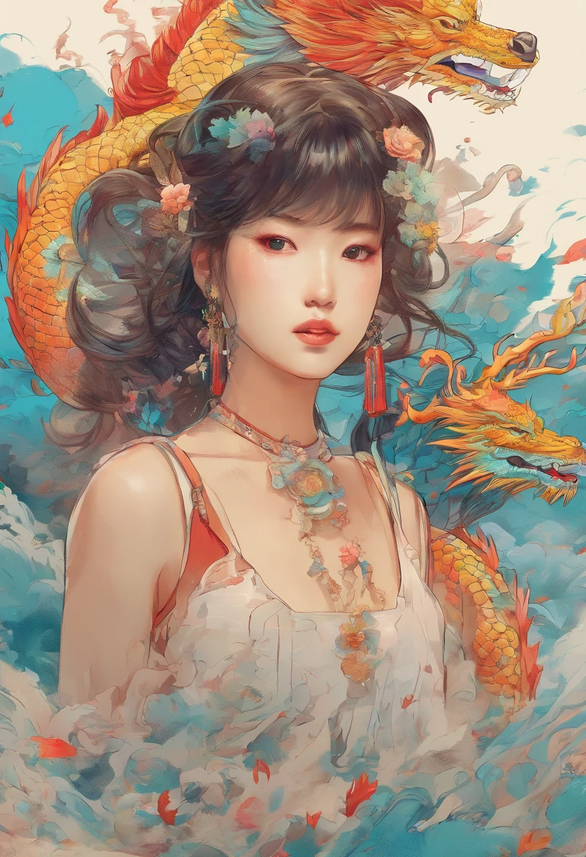 {{{{{illustration}}}}},author:Yuko Shimizu,1girll,Chinese Dragon,Chinese girl,female focus on, {{colored ink drawing}},{{ink spatter}},{{Color splattering}},{{{Colorful}}},{{Sketch}}, Masterpiece,Best quality, Beautifully painted,Highly detailed,